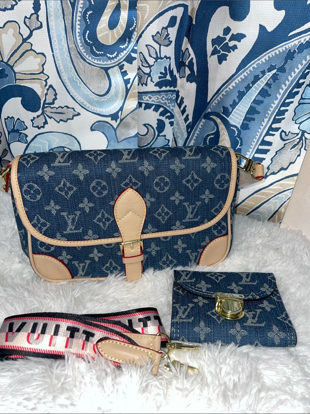 👜NEW LV  Blue Monogram Denim Shoulder Bag with Pink-Accented Strap